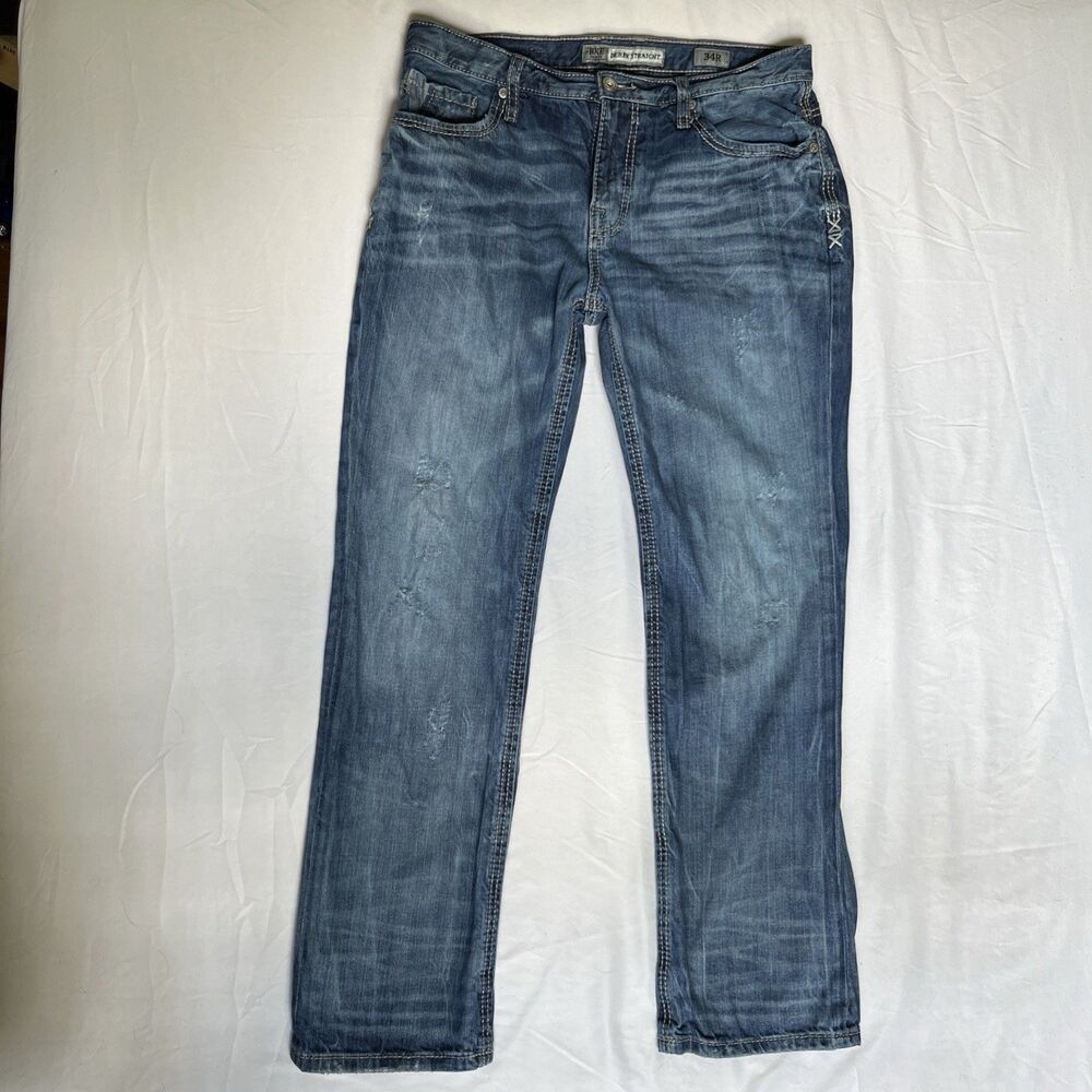 BKE Derek Straight Jeans Men’s Size 34X32 Distressed Whiskering Stretch Faded